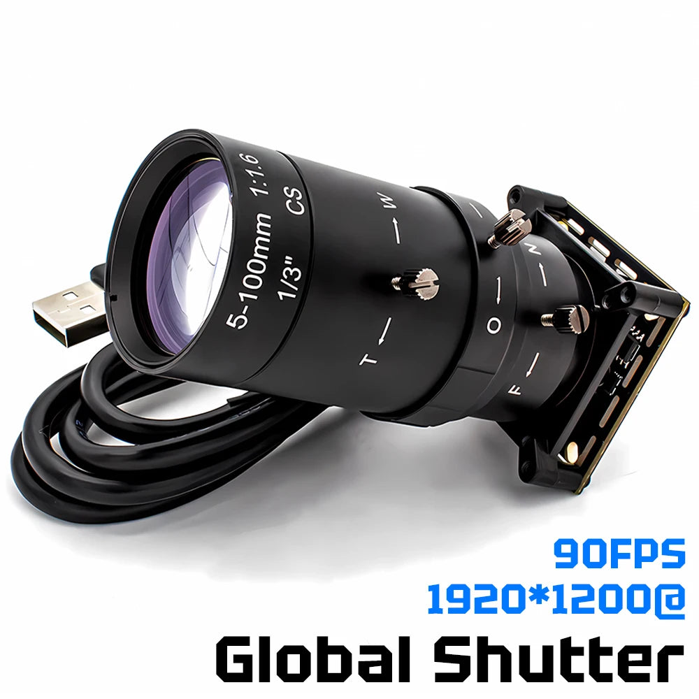 2.3MP HD Global Shutter USB Camera Module 1080P 90FPS 1/2.6" CMOS USB2.0 Plug And Play With 5-100mm Varifocal CS Mount Lens