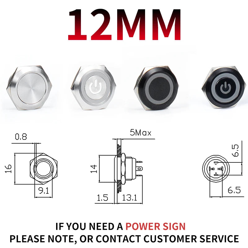 12/16/19/22/25/30mm Short Stroke Mini Waterproof Metal Push Button Switch Power Led Light Momentary 5/12/24/220V Black 1NO