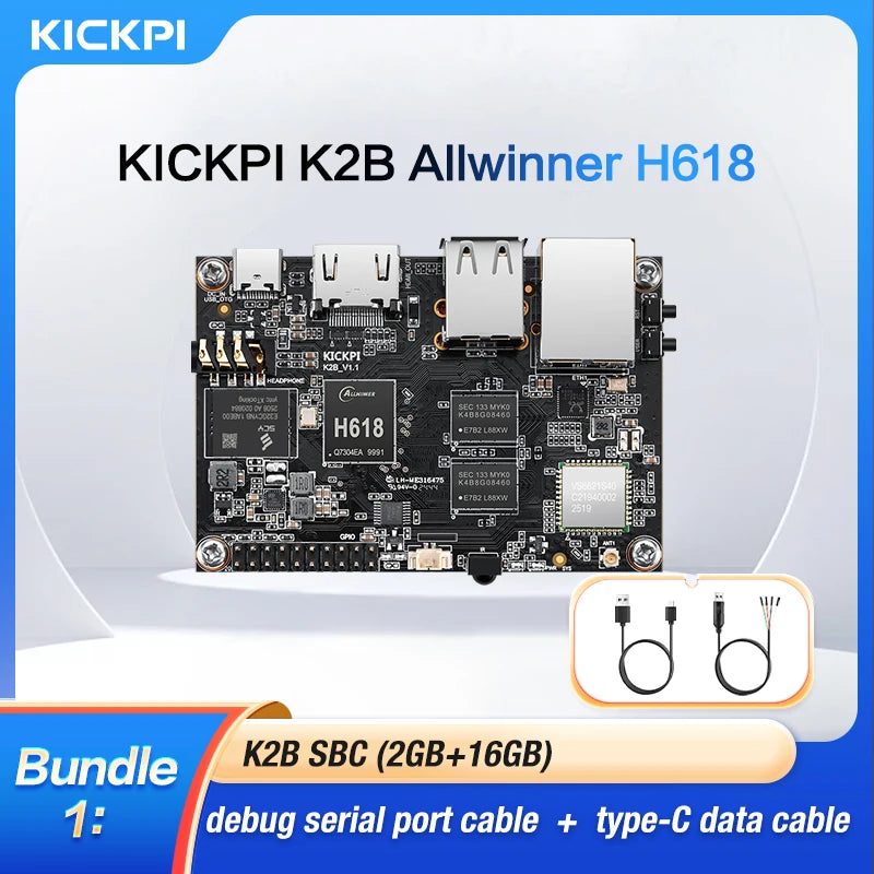 KICKPI K2B 4GB DDR 32GB EMMC H618 SBC, Quad-Core Cortex-A53, Mali-G31 MP2, 4K HDMI, Gigabit Ethernet, WiFi 5, BT