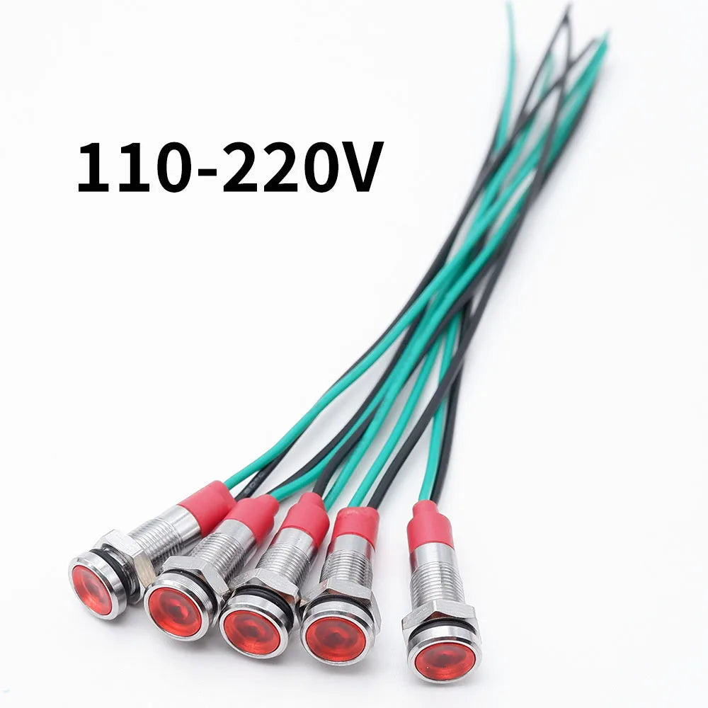 5pcs 6mm Metal Indicator Light LED Warning Signal Lamp Pilot With Wire 3V 5V 6V 12V 24V 220V Red Orange Blue Green White