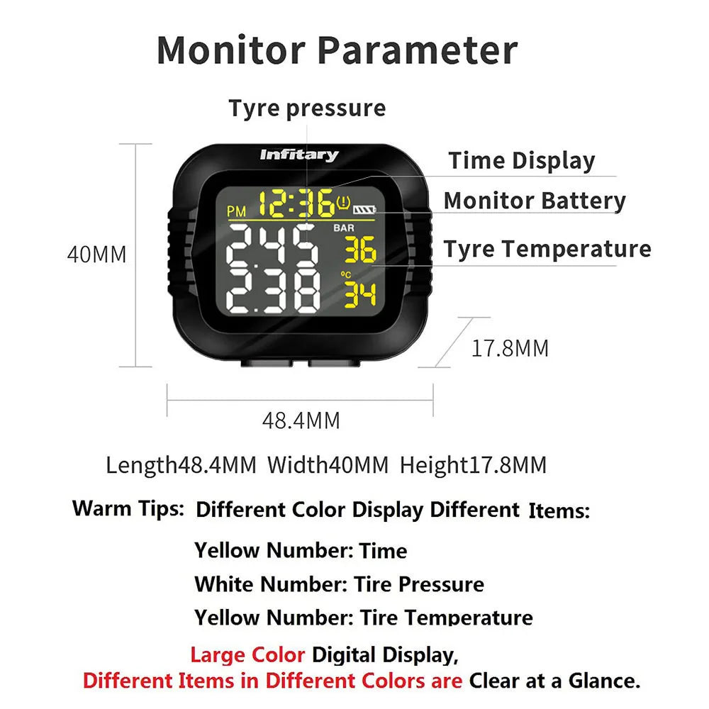 Infitary Motorcycle TPMS Tire Pressure Monitoring System Big Wireless LCD Colorful Display Shift For Status Precise Digital Moto