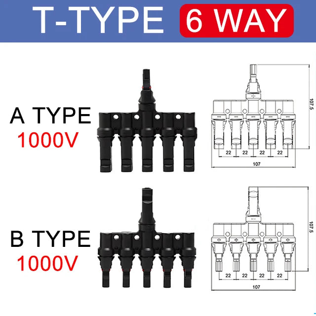 MC4 Solar Connector T Type Y Branch PV Panel Parallel Connection Waterproof IP67 Male Female 2Pcs Solar Cell Plug