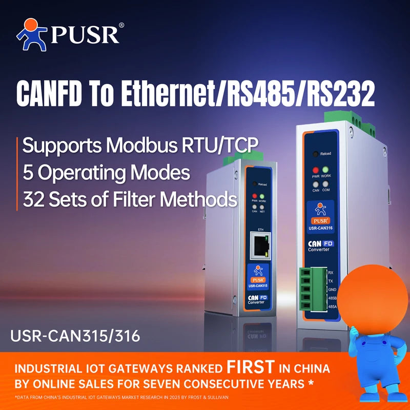 PUSR CANFD Protocol Converter CANFD to Ethernet CANFD to RS485 RS232 Modbus RTU to Modbus TCP USR-CAN315/316