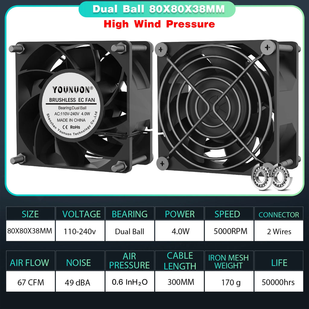 YOUNUON 60mm 80mm 90mm 120mm EC Brushless Fan AC 110V 115V 120V 220V 240V Axial Fan with Srews/Grill 6025 8025 9225 12025 12038