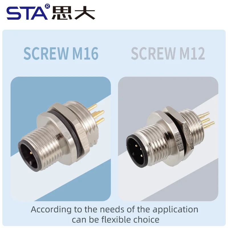M12 Sensor Waterproof Circular Connector Panel Mount Bulkhead Installation Metal Male Female PCB Socket 2 3 4 5 6 8 12 17pin