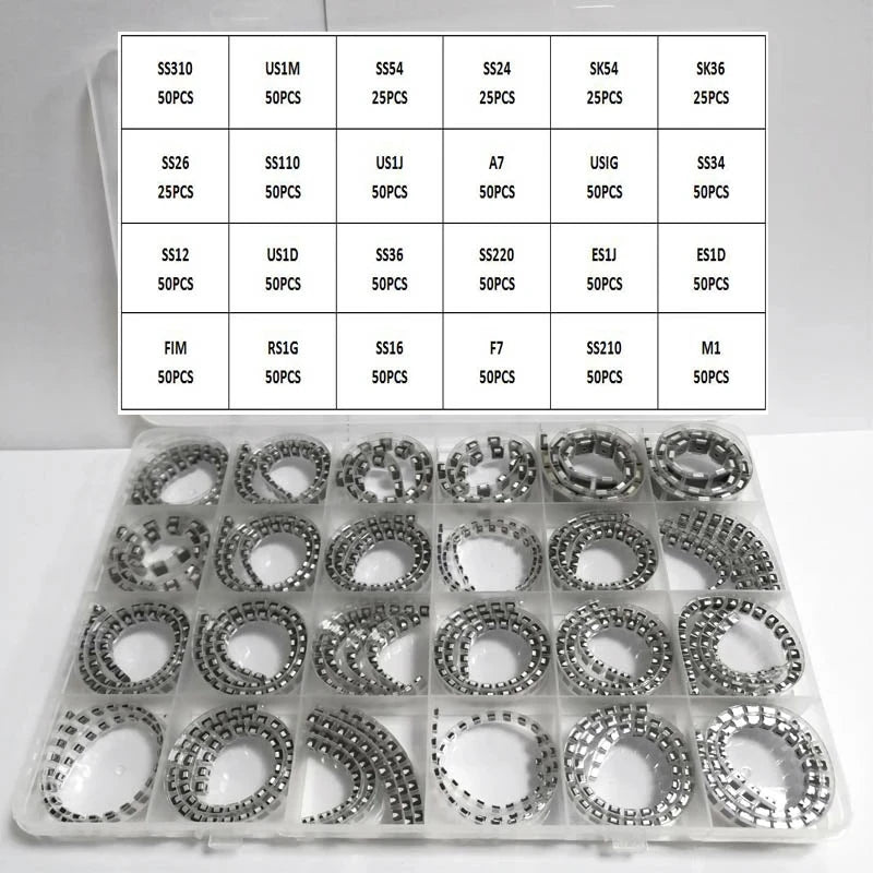 10/24/33Values Rectifier Diode Sample Book SMD M1 M4 M7 SS12 SS14 SS16 SS24 SS34 SS36 SS110 SS210 Schottky Barrier Diode KIT
