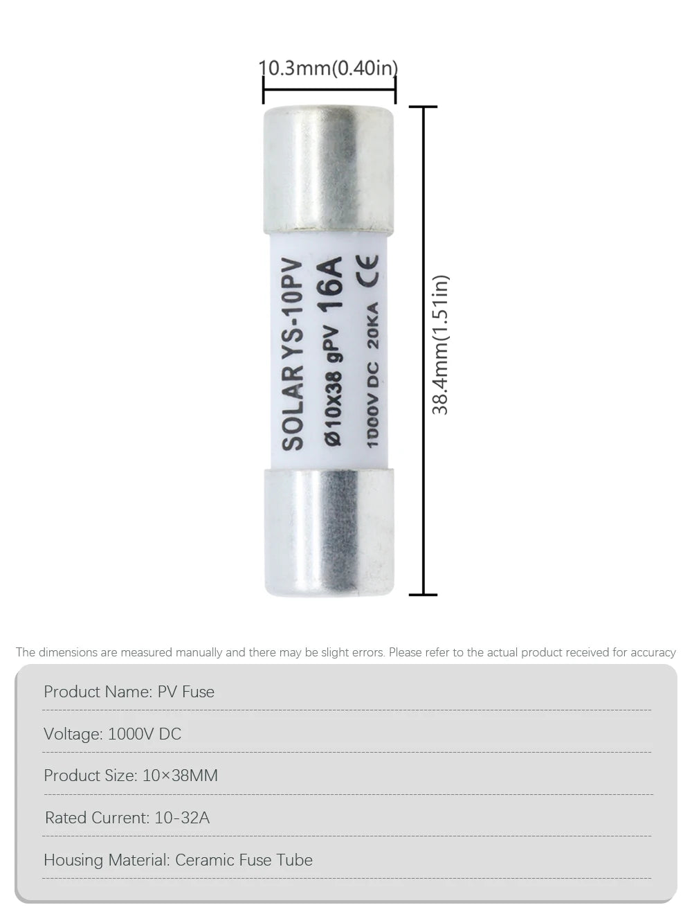 Solar DC Fuses 1000V PV Photovoltaic 6A 10A 15A 20A 25A 30A 10*38MM High Voltage for Solar System Short Circuit Protection gpV