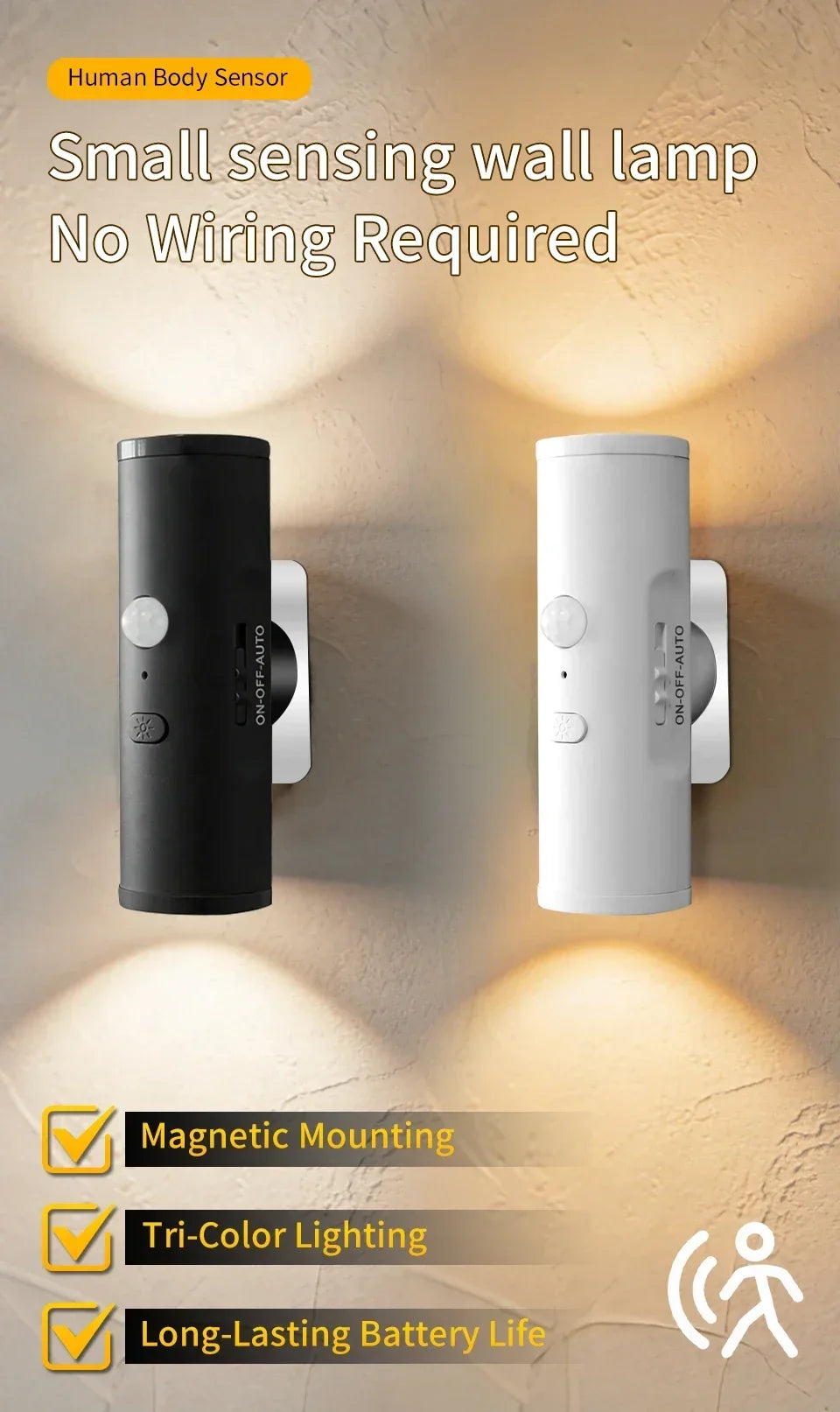 Magnetic Rechargeable PIR Motion Sensor LED Night Light, 3 Colors Dimmable Wireless Wall Lamp for Bedroom Hallway Closet