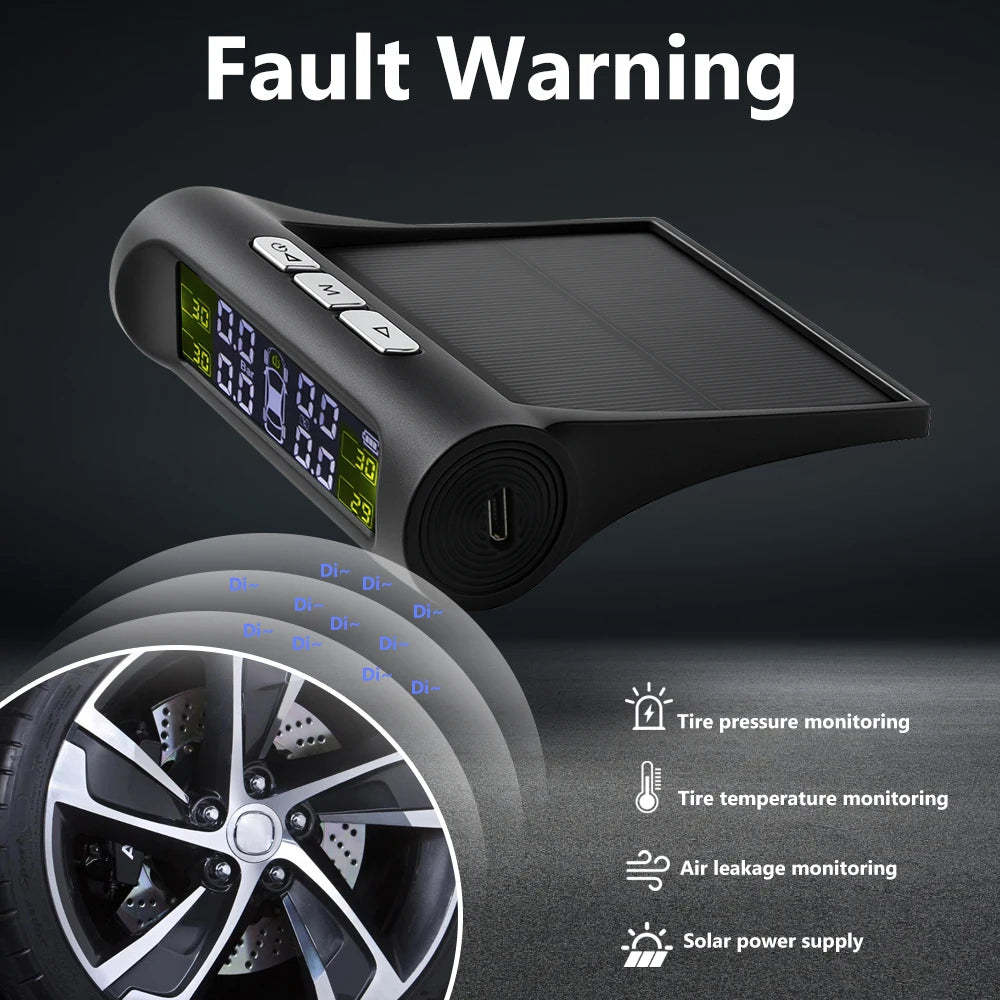 Digital LCD Display Universal Smart Car TPMS Tyre Pressure Monitoring System Auto Security Alarm Solar Charging