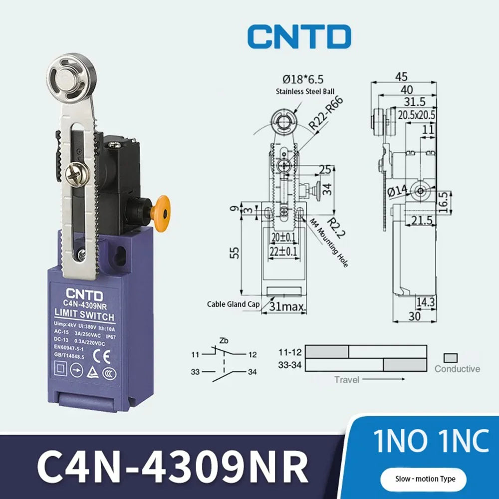 CNTD C4N‑NR Series vertical safety Micro Limit Switch IP65 Waterproof and dustproof Silver contact Safety Interlock C4N-4304NR