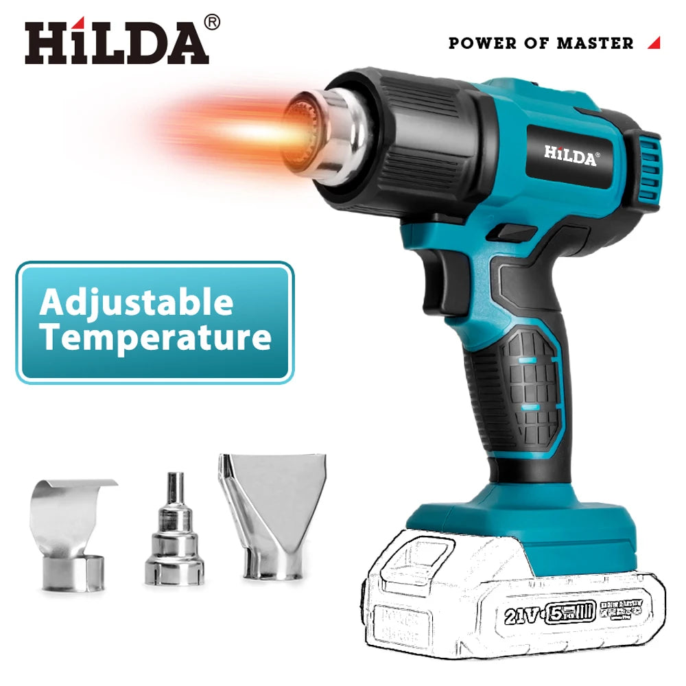 HILDA 21V Handheld Hot Air Gun Temperature Rechargeable Cordless for Makita Battery Electric Heat Gun with Nozzles