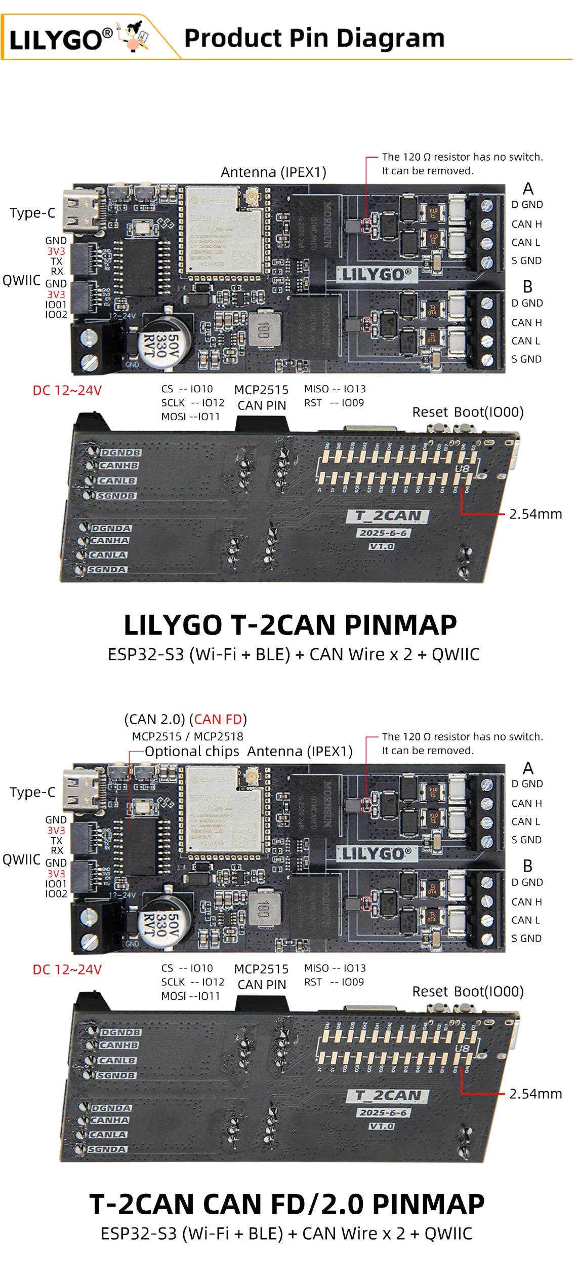 LILYGO T2CAN ESP32S3 WiFi Bluetooth CAN Module Development Board with QWIIC