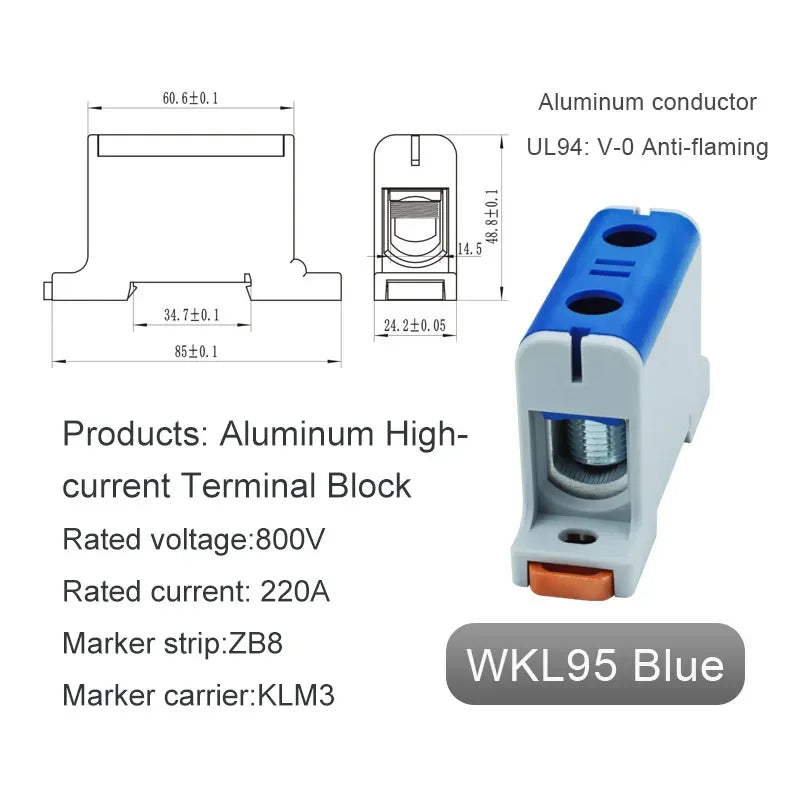 Aluminum Distribution Block Din Rail Mounting WKL 50/95/150/240 mm² Cable Power Connector Terminal Block Box