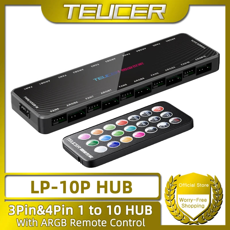 TEUCER LP-10P 12V 4Pin PWM & 5V 3Pin ARGB with SATA 10 Way Sync Fan Hub PC Cooling Fan Addressable RGB Lighting Splitter
