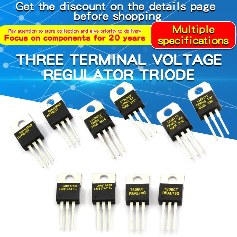 10Pcs LM7805CT CJ78M05 LM317BTG LM7905CT LM317T L7812CV LM317AT L7915CV TO220 L7805CD2T Voltage Regulator IC 5V 1.5A TO-220
