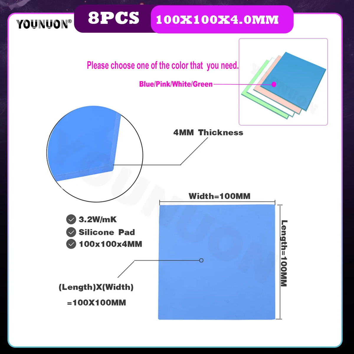 8 Pieces 100x100x0.5mm 1mm 1.5mm 2mm 2.5mm 3mm 4mm 5mm Blue White Green Combination Thermal Pads Cooling Conductive Silicone