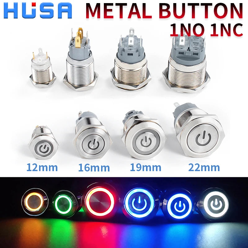 12 16 19 22 mm Metal Push Button Switch with Wire On Off PC Power Flat head 12v for Car Momentary Latching Fixed Blue 5V 220V