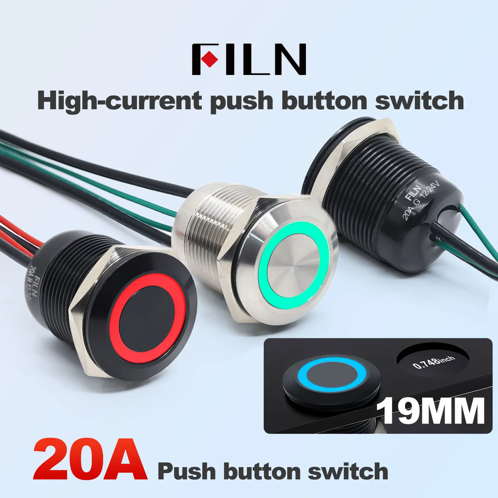 FILN 19MM 20A 12V 24V 110V 220V LATCHING MOMENTARY Flat Ring Round Push Button Switch IP66 Metal Stainless Steel  with 20cm Wire
