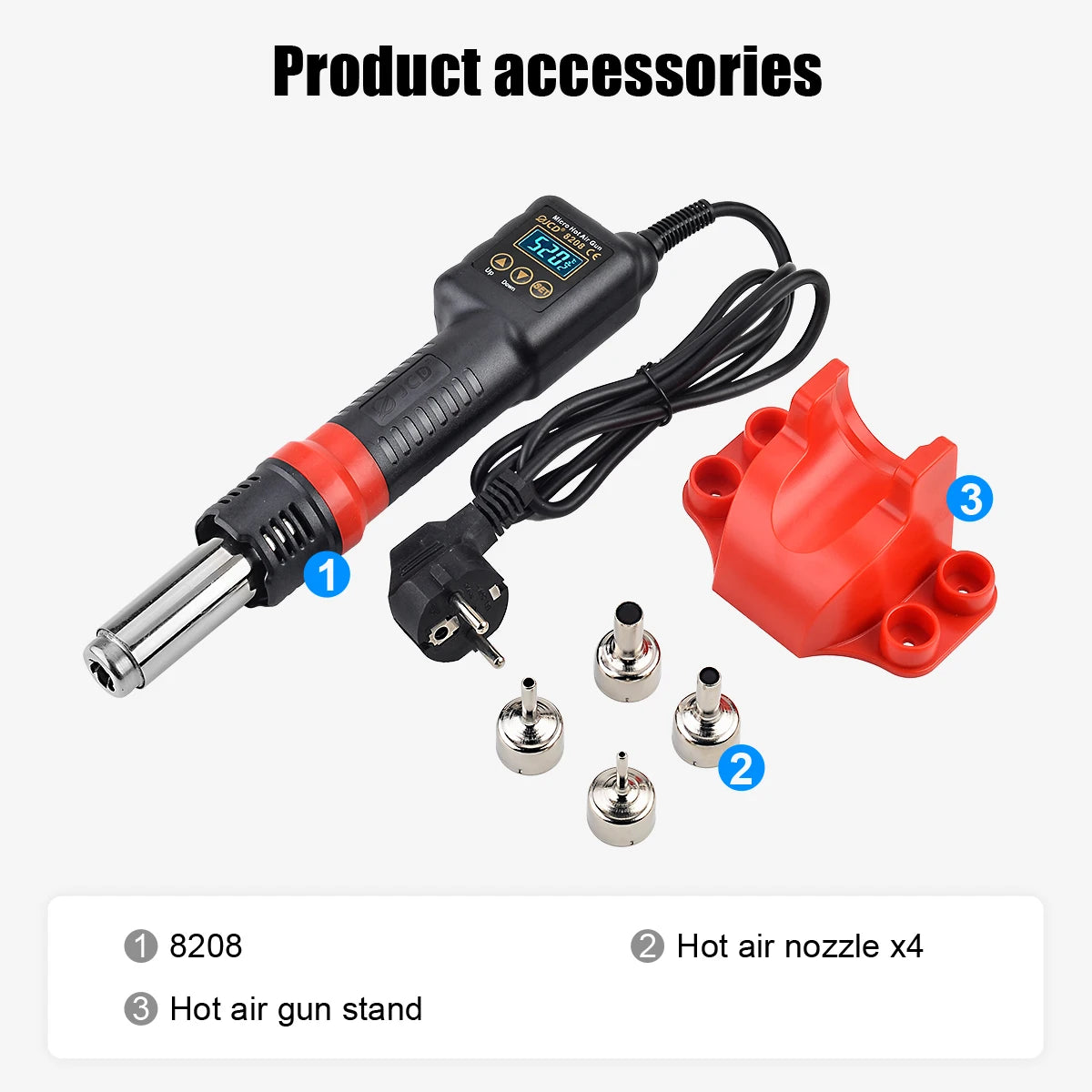 JCD 750W Micro Hot Air Gun 8208 Soldering Rework Welding Station LCD Digital Heat Gun BGA IC Solder Tools With Heat Shrink Tube