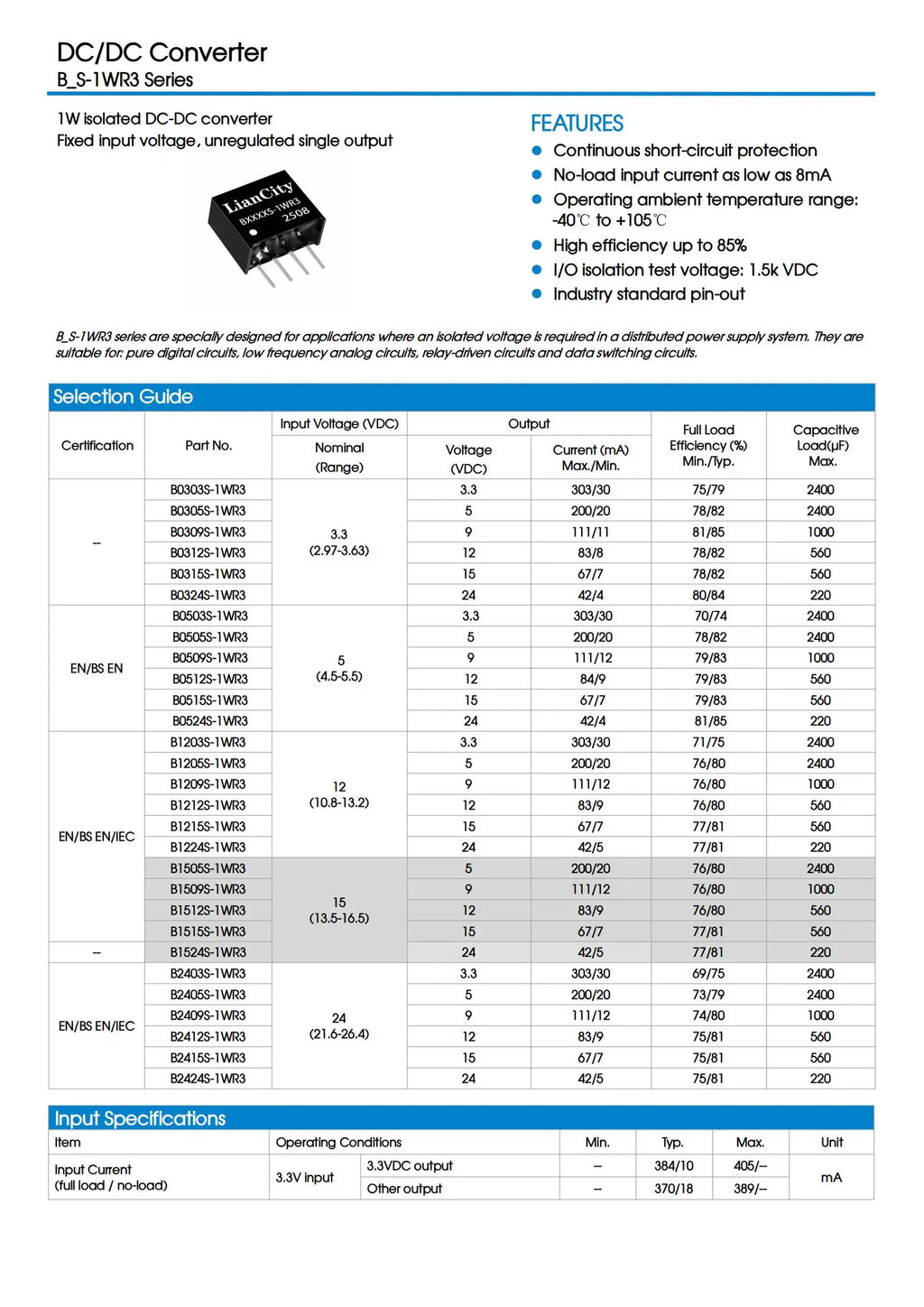 DC‑DC Converter With 1.5kV Input/Output Isolation, 5V To 5V Conversion, 1W Output Power, B0505S‑1WR3, Short‑Circuit Protection