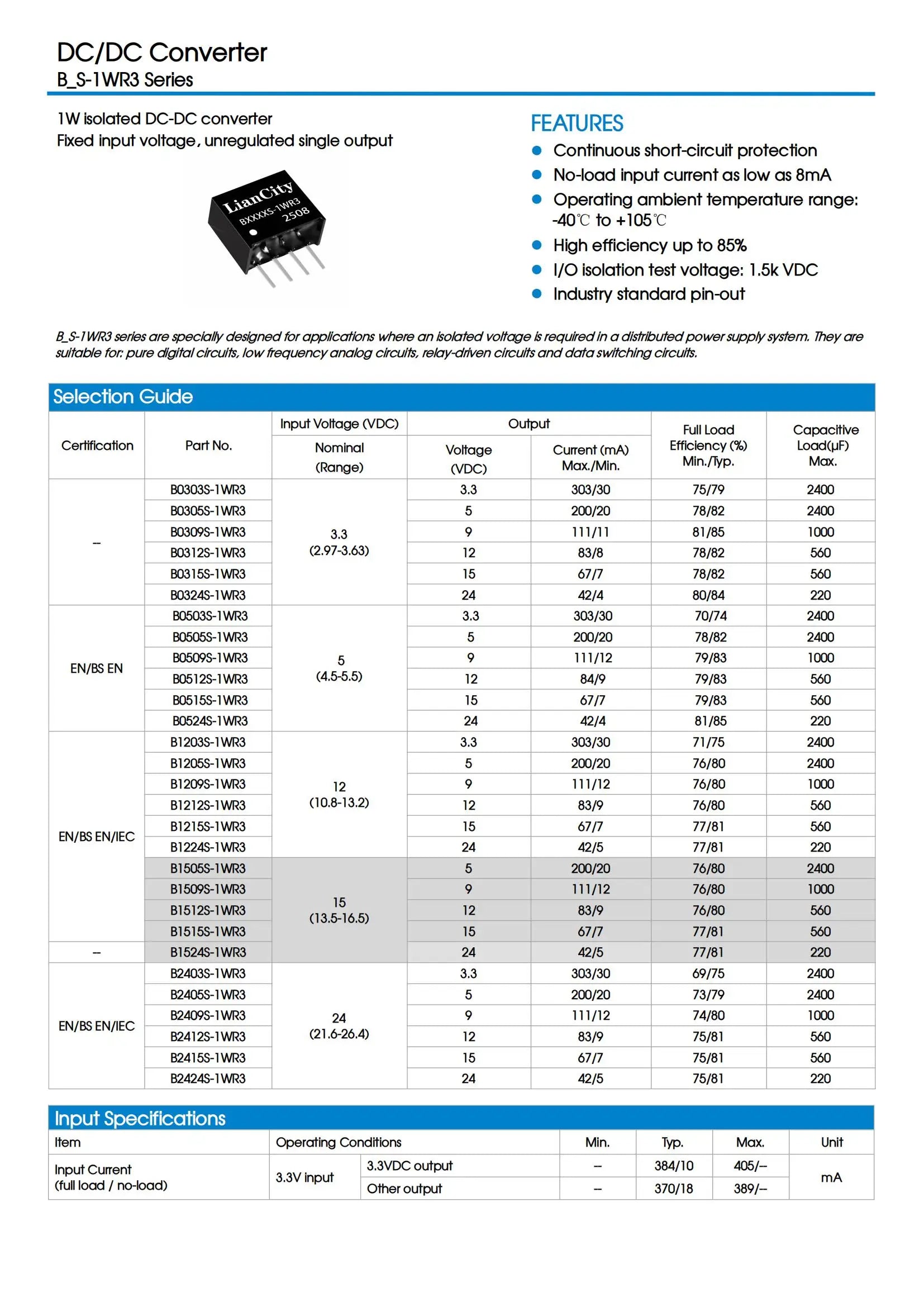 DC‑DC Converter With 1.5kV Input/Output Isolation, 5V To 5V Conversion, 1W Output Power, B0505S‑1WR3, Short‑Circuit Protection
