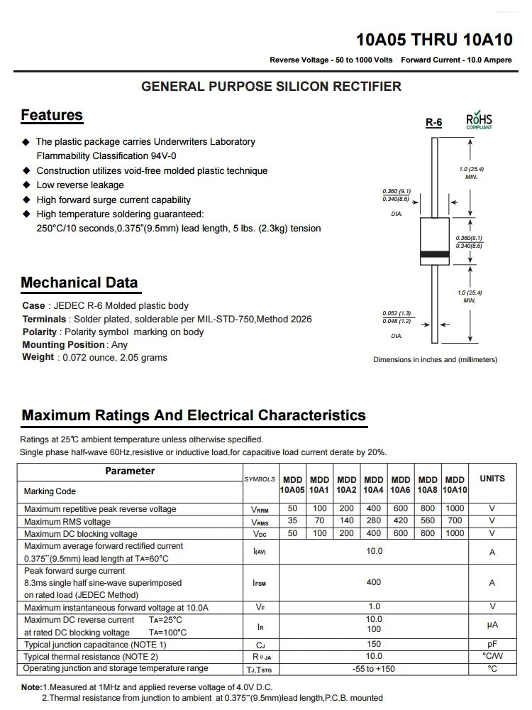 PULAR 20pcs/lot 6A10 10A10 20A10 30A10 10A20 Rectifier Diode 6A 10A 20A 30A 1000V 2000V R-6