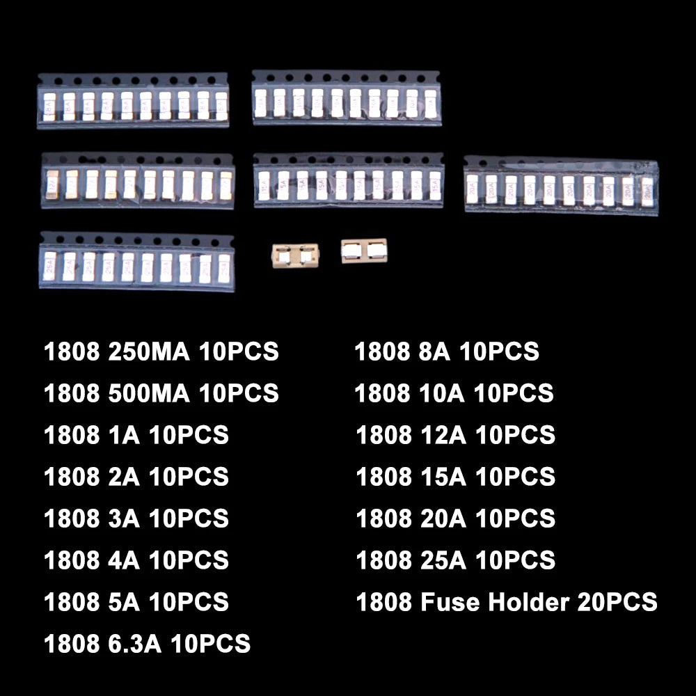 160PCS 250MA-25A 1A 2A 3A 4A 5A 15Values 2410 6125 1808 SMD Ceramic Slow Blow Fuse KIT 250MA 500MA  6.3A 8A 10A 12A 15A 20A 25A