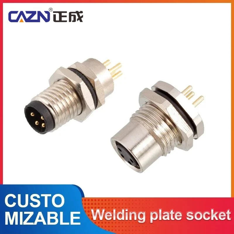 CAZN M8 Welding Panel Connector Male Female Back Mount Socket SMD 3 4 5 6 8 Core Angle Pin Male and Female Socket