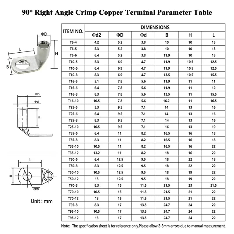 L-type Tinned Copper Wire Terminals 90° Right Angle Crimp Connectors M6 M8 M10 M12 for Automotive Electrical Wiring Connect Lug