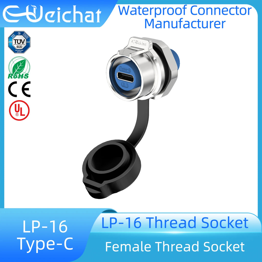 EW-LP16 Type-C USB 3.1 5A Female Socket Rear Nut Locking Jack Panel Mount Connector Waterproof Fast Charging Data Wire Cable