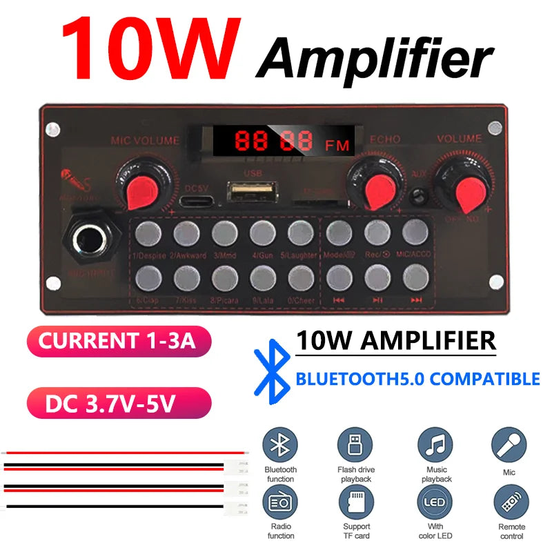 10W Bluetooth 5.0 Amplifier Board, MP3 Decoder Module with USB/AUX/FM Radio/Recording for DIY Speaker