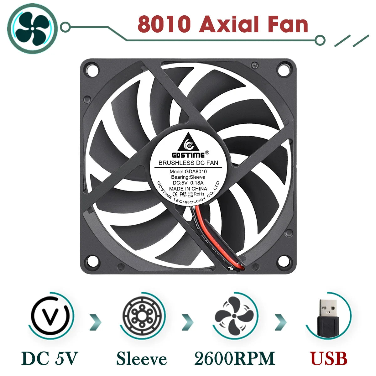 Gdstime 80mm Fan DC 5V 12V 24V 80x80x10MM Brushless Cooling Fan 8010 Double Ball Cooler 8CM Axial Fan for PC Case CPU Cooling