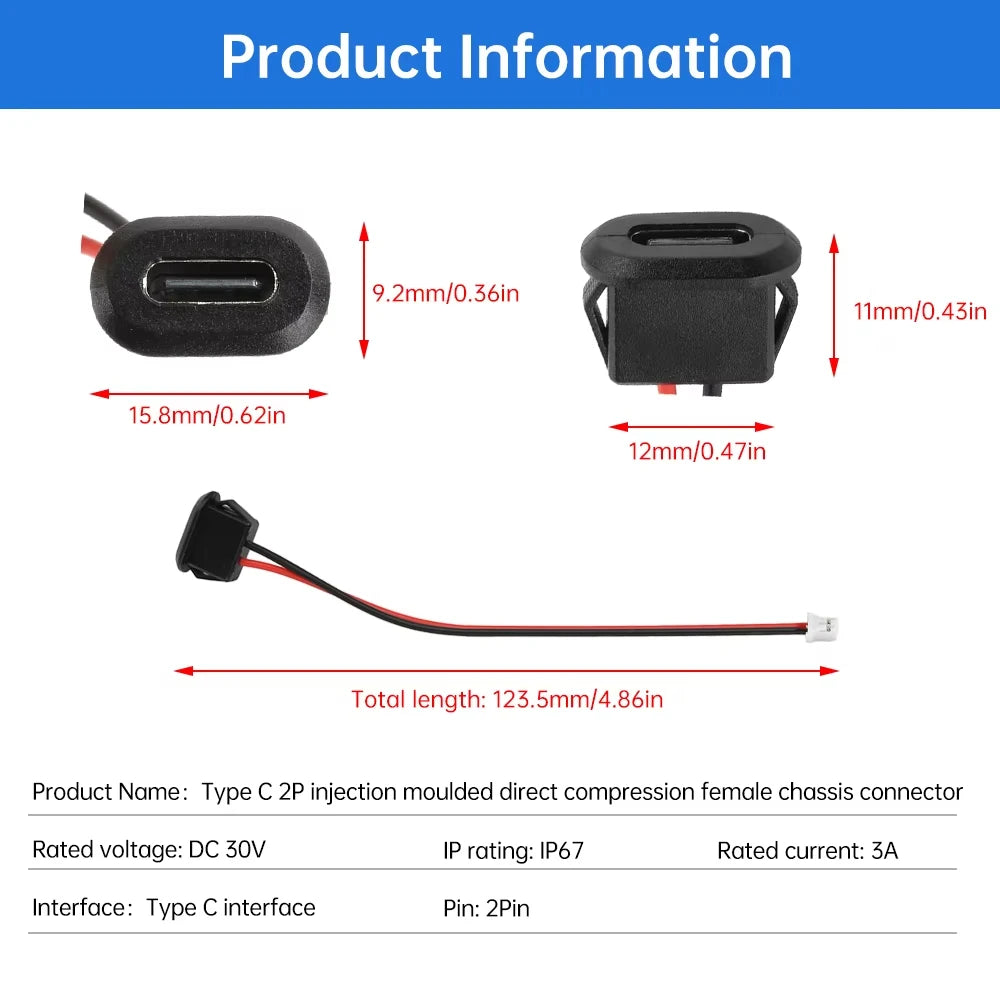 Type C Female Connector Waterproof USB C Female Jack Socket 2 Pin 3A Charging Port Power Cable Extension Direct Crimp Mount