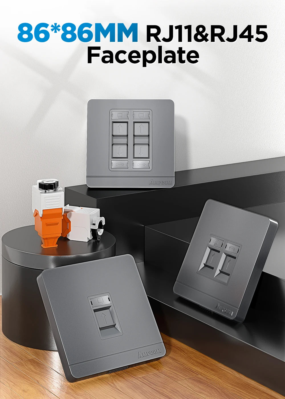 AMPCOM Wall Faceplate Socket Grey Wallplate 1-Port 2-Port 4-Port Networking Telephone Socket Outlet Mount Panel For RJ45 RJ11