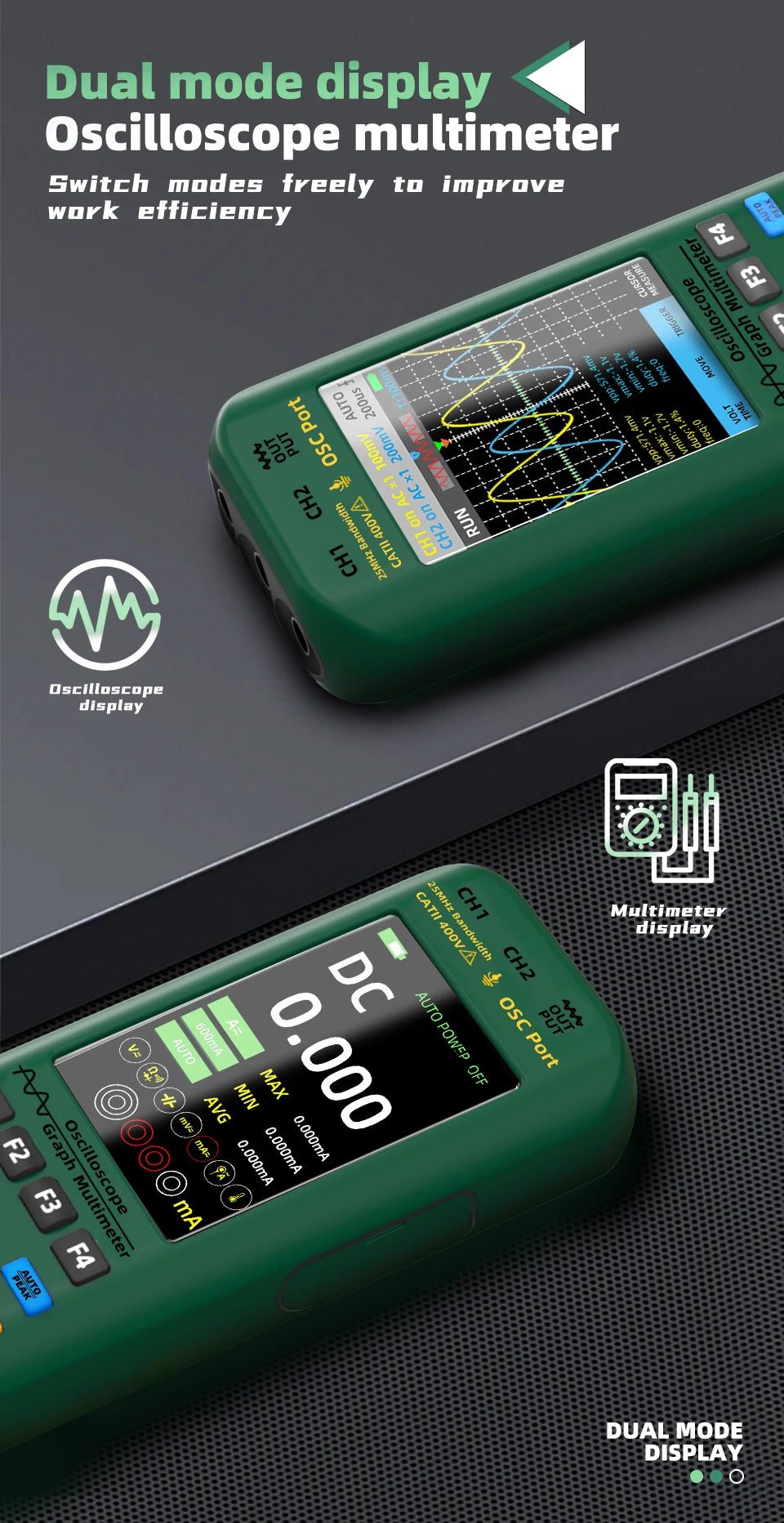 BSIDE 4-IN-1 Handheld Oscilloscope Digital Multimeter+Function Signal Generator Dual Channel O7:25MHz/O9:50MHz Current Tester