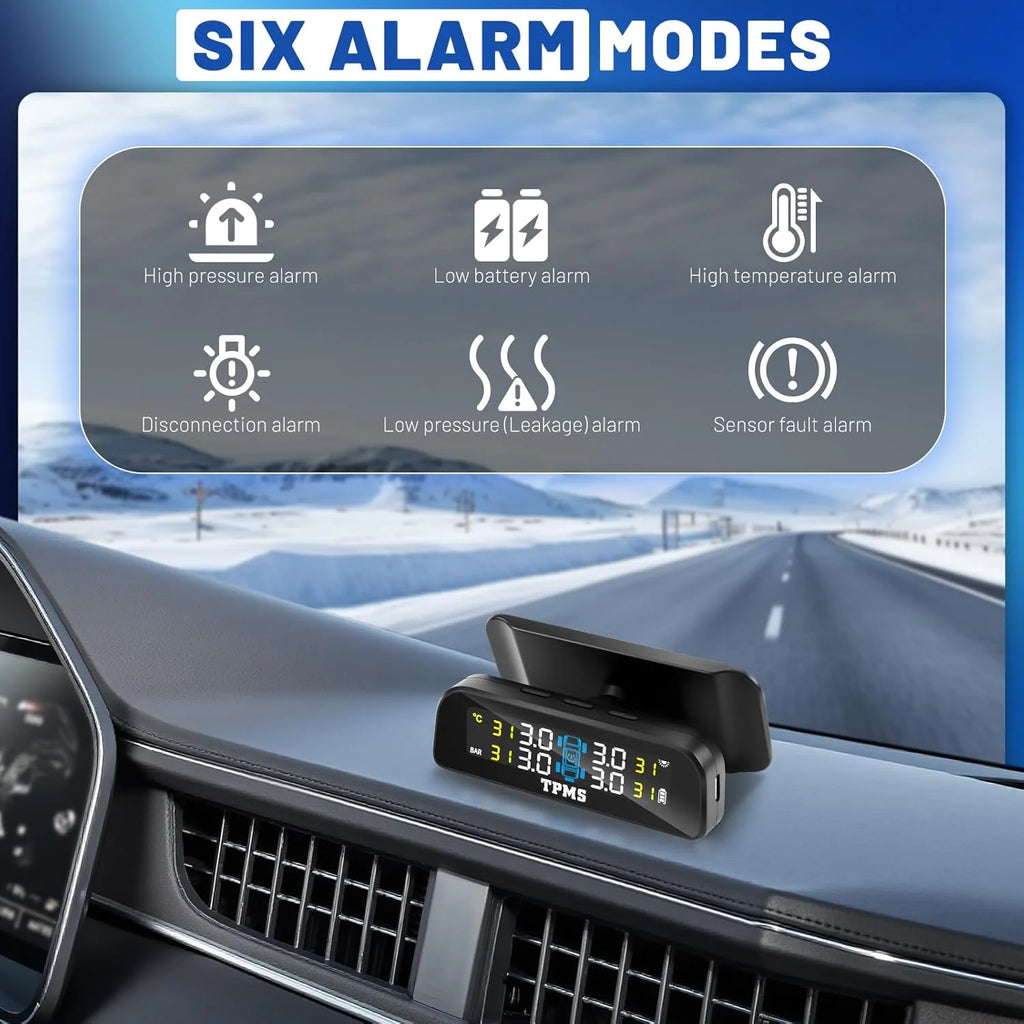 Tire Pressure Monitoring System with Solar Charge LCD Display Real TimeTPMS with 4 External Sensors For Car RV SUV MPV Truck