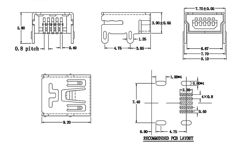 10Pieces 9Types Mini USB Connector B Type USB 2.0 Jack 5pin SMT DIP PCB Board Sink 1.7 USB Socket Female Jack 2.0