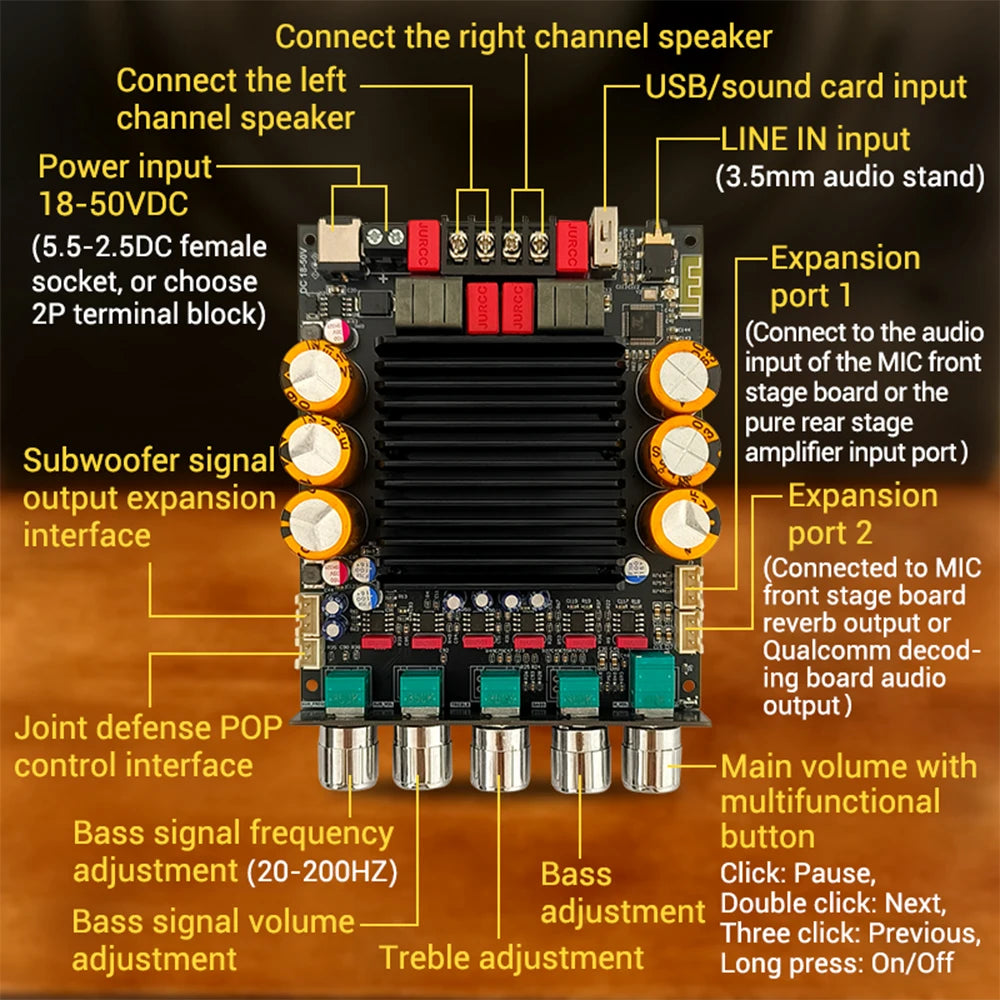 ZK-SUB600 BT Amplifier Board Module 2.0 Channel 300W+300W+Subwoofer Extension TPA3255 DC 18-50V with Subwoofer