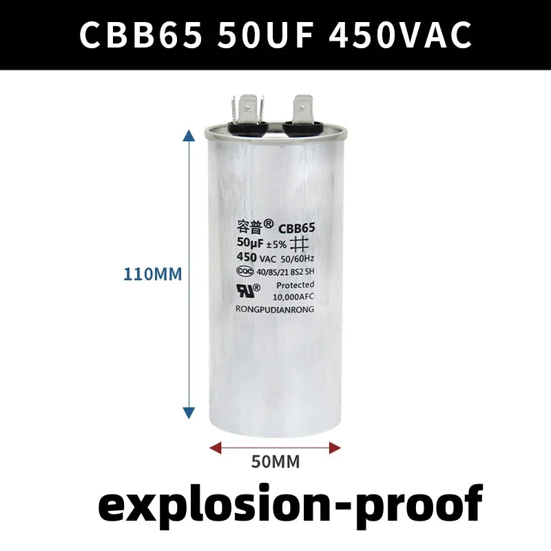 CBB65 450V Motor Capacitor Air Conditioner Compressor Start Capacitor 5uF 6uF 20uF 25uF 30uF 35uF 40uF 45uF 50uF 60uF 70uF