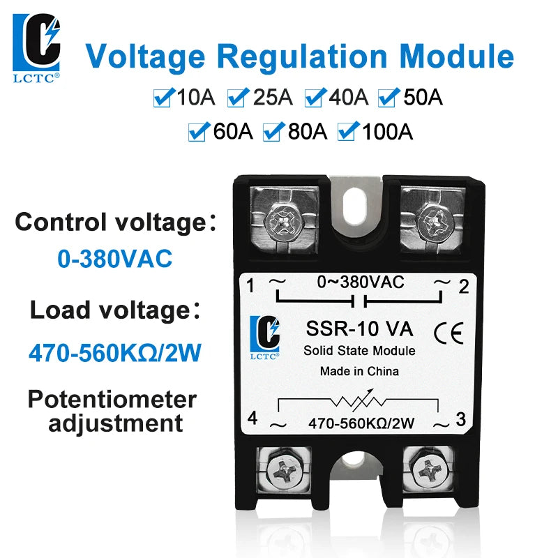 LCTC SSR Solid State Relay Voltage Regulator Adjustable 10A 25A 40A 50A 60A 80A 100A VA Single Phase 0-380VAC Potentiometer