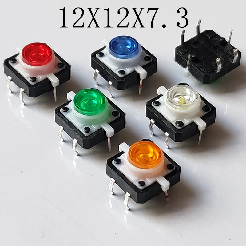 10PCS 12X12X7.3mm With Light Led 3V 6Pin DIP Momentary Push Button Not Fixed Tact Switch Illumination Button PCB Mounting