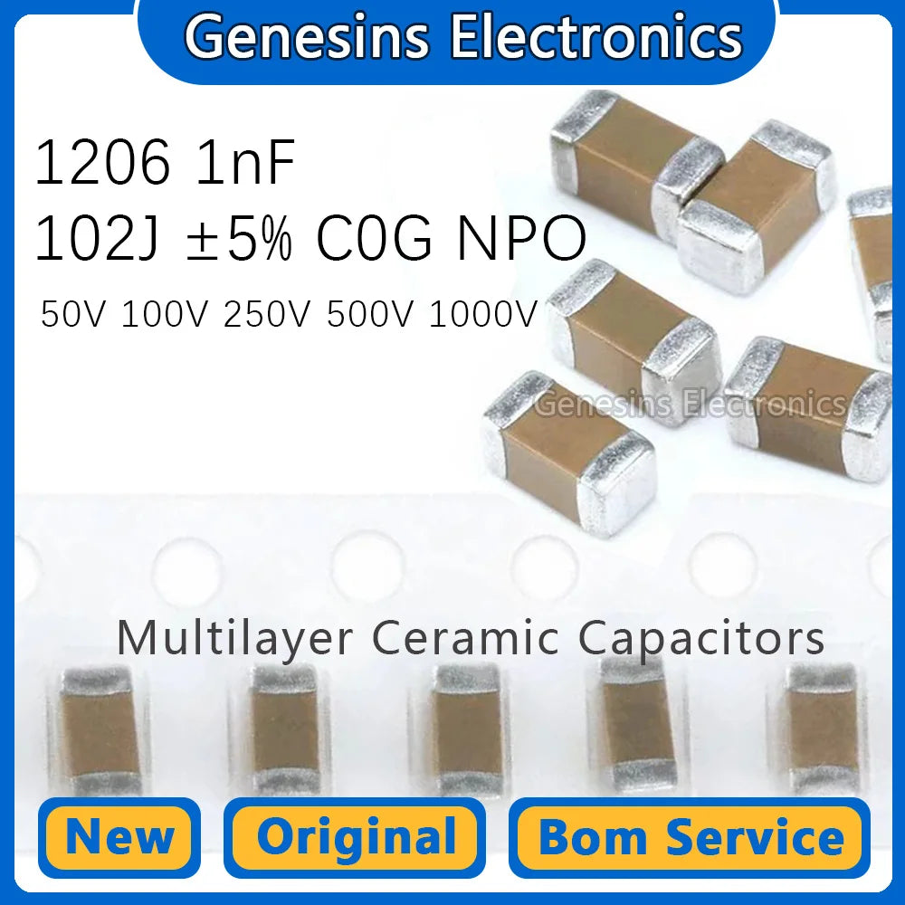 10 pcs 1206 1NF 102J 50V 100V 250V 500V 1000V 5% C0G NPO 3216 SMD ceramic capacitors