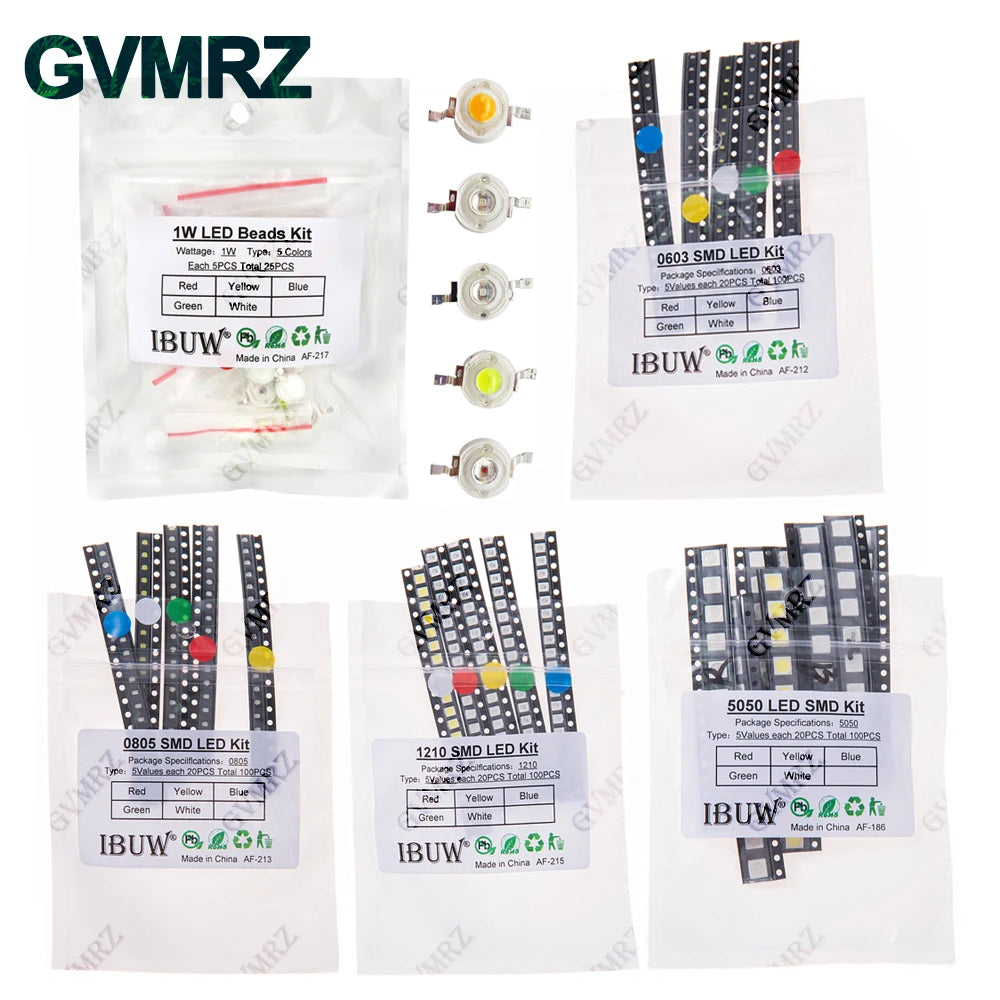 100pcs 5colors Each 20pcs 5730 5050 3528 1210 1206 0805 0603 0402 SMD LED Diode Kit Red Green Blue White Yellow