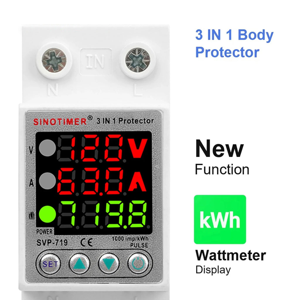 110VAC 120V Dual/Three Display Adjustable Over Voltage Current Under Voltage Protector KWh Energy Meter 40A 63A Protection Relay