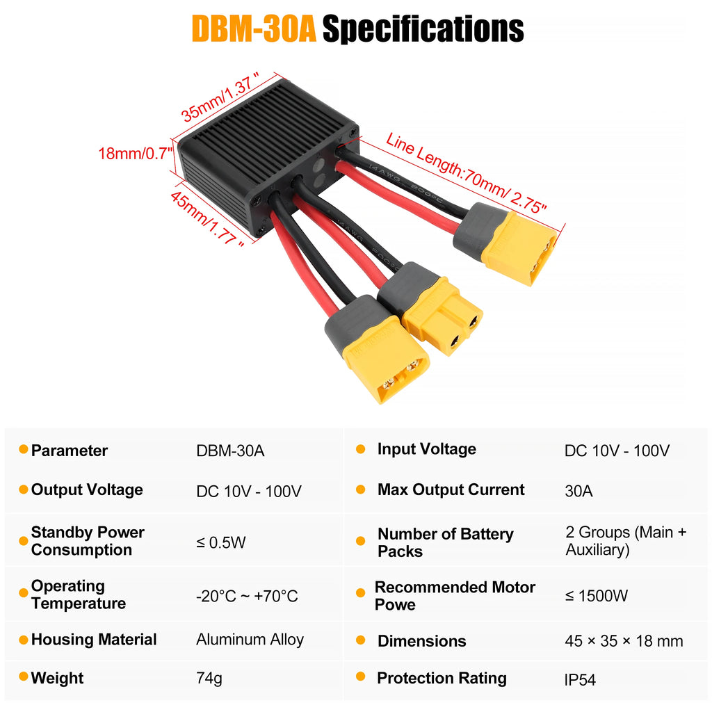 Mini Electric Bicycle Dual-Battery Discharge Converter Connection Adapter, Voltage Range 10 - 100V, Anderson/XT60/XT90 Connector