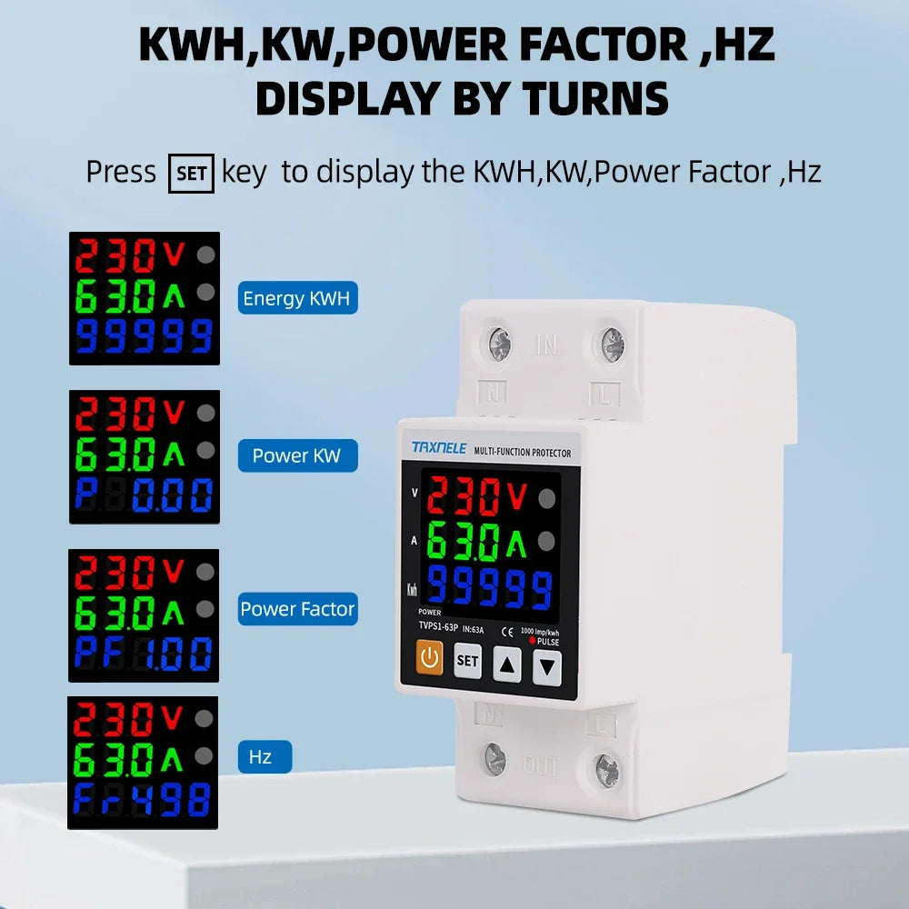 63A 230V Din Rail Adjustable Over Under Voltage Protective Device Protector Relay Over Current Protection Energy KWH Meter