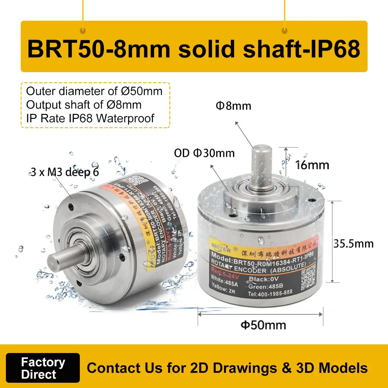 Briterencoder Single-turn Absolute Rotary Encoder SSI/RS485/Analog Output Waterproof, Power-Off Memory for Angle  & Speed