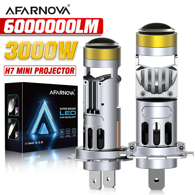 H7 LED Projector Lens 3000W 6000000LM Mini 1:1 H7 Headlight Canbus Fog Bulb Turbo Lamp Motorcycle Light ﻿6500K 12V Wireless Fan