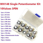 10 Sets 15MM WH148 Knurled Shaft 3 Terminals Linear Taper Rotary Potentiometer Assortment Kit B1K 2K 5K 10K 20K 50K 100K 250K 50