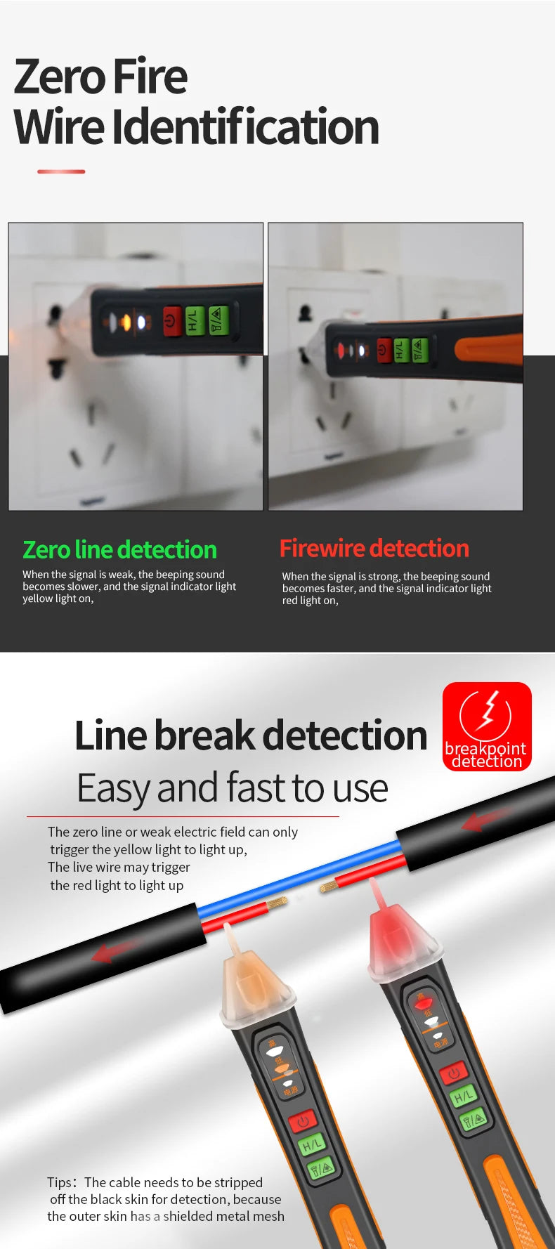 Non-Contact Voltage Tester Pen Smart Voltage Detector Infrared Indicator 12-1000V Test Pencil Breakpoint Finder With Flashlight
